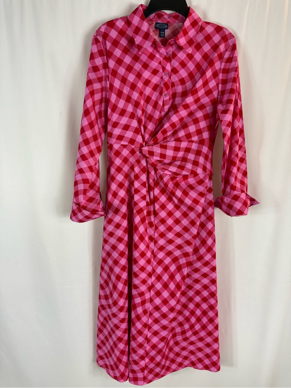 Scoop women dress Red Pink Gingham Twist-Waist Midi Shirt Dress size: L - Picture 5 of 17